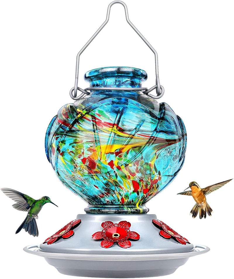 BOLITE Hummingbird Feeder, Hand Blown Glass Hummingbird Feeders for Outdoors Hanging, with Ant Moat and 5 Feeding Ports, 22 Ounces, Peony Flower Shape, Blue, Gifts for Women Men, Gifts for Mom Dad - Image 1